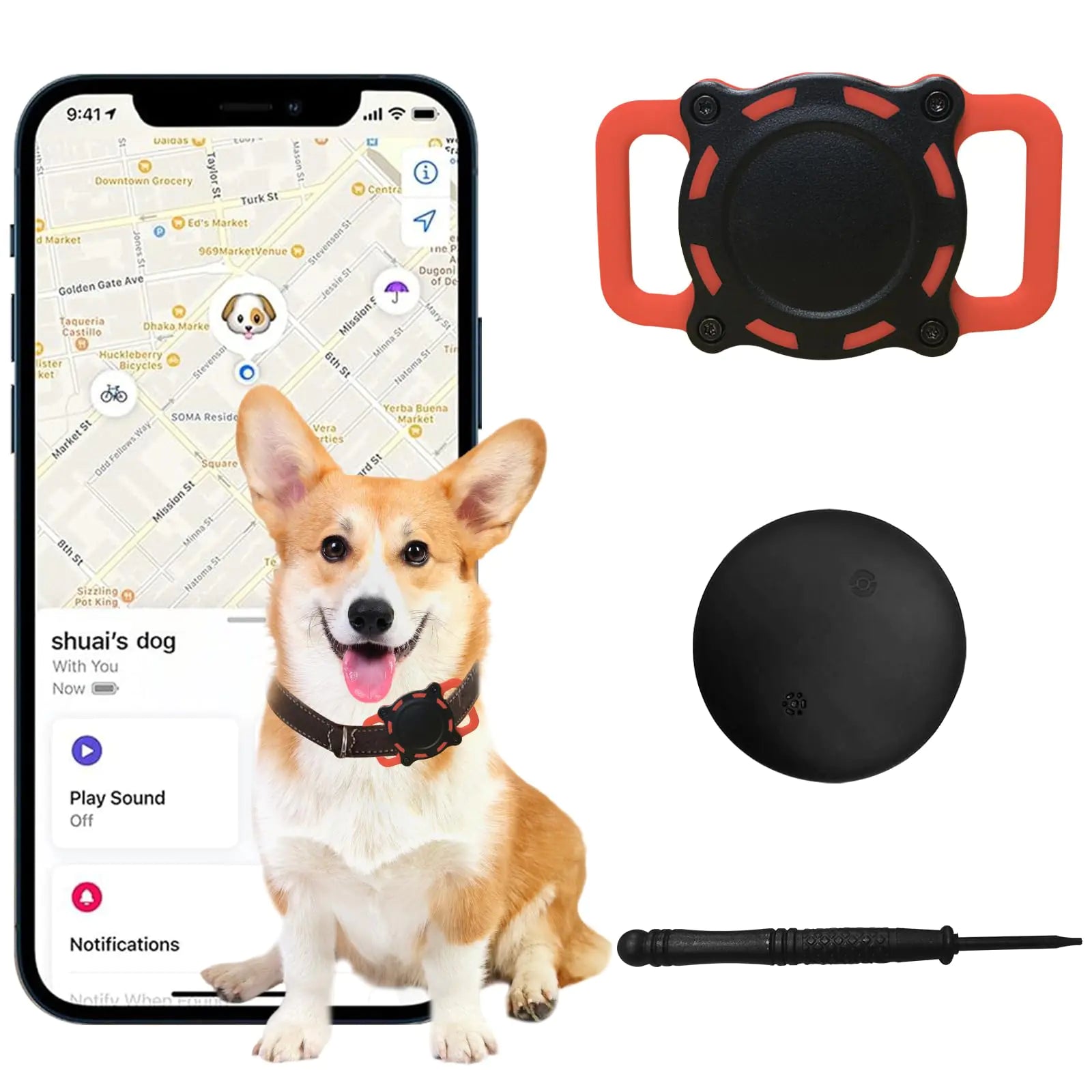 Rastreador de Mascotas Dog Tracker con Soporte para Collar y Localizador de Artículos, Certificado por MFi, Dispositivo de Rastreo Sin Cuotas Mensuales, Compatible con iOS Find My, Localizador Personalizado para Perros (Negro y Rojo)