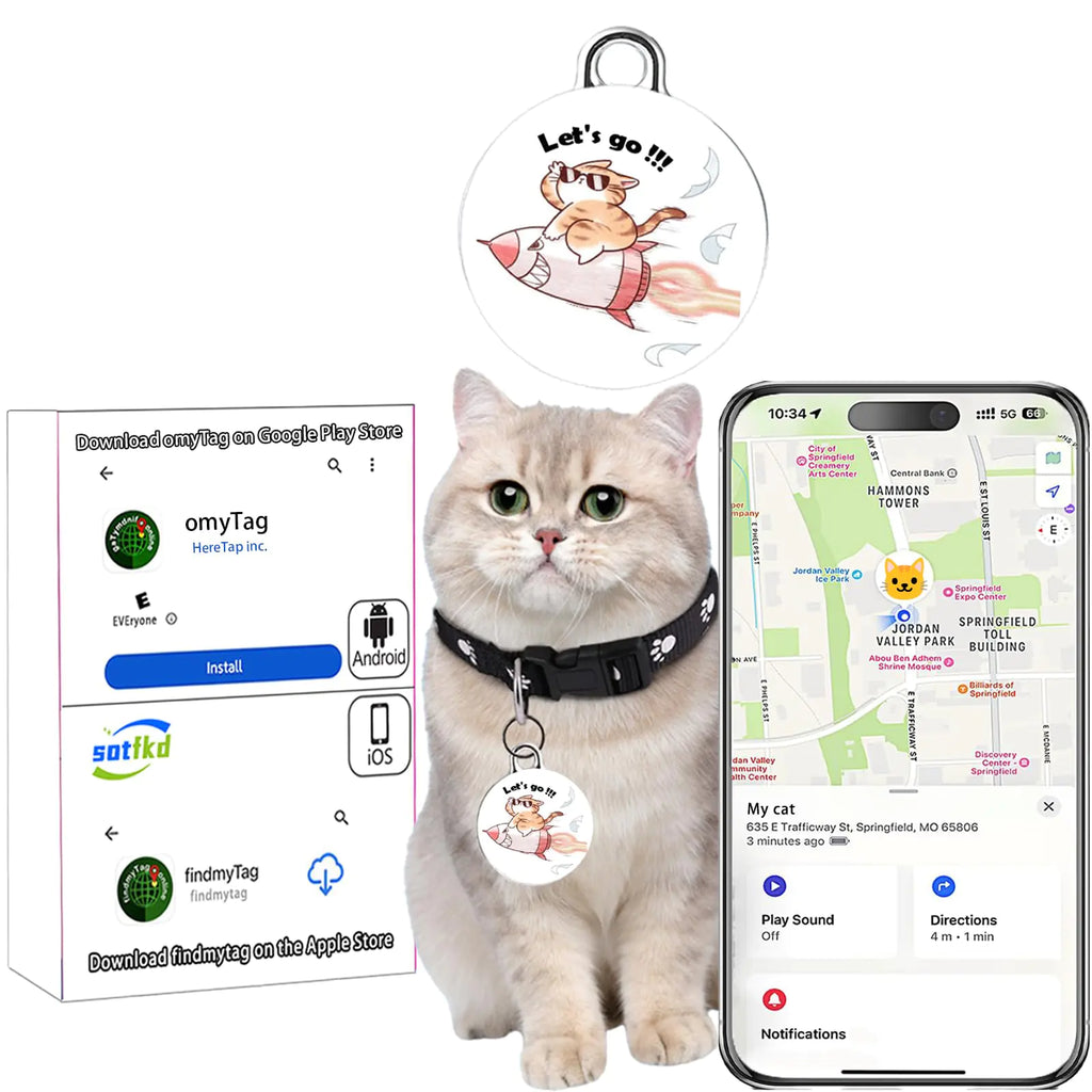 Rastreador para Gatos - Collar con Localizador para Mascotas | Sin Necesidad de Carga | Sin Cuotas Mensuales | Impermeable | Funciona con Cualquier Collar (Universal para Android y iOS)